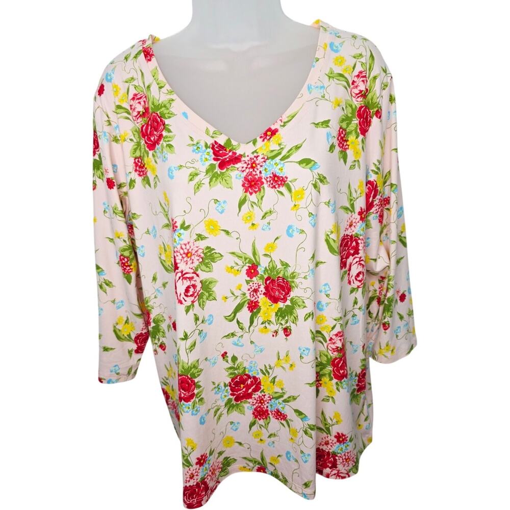 The Pioneer Women Pink Floral V Neck Top Women's XXXL  Boho Cottagecore